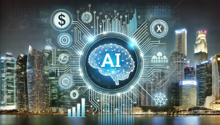 DALL·E 2025 01 01 13.29.37 A featured image for a blog titled AI in Finance How Artificial Intelligence is Shaping the Industry. The design includes a futuristic theme with g